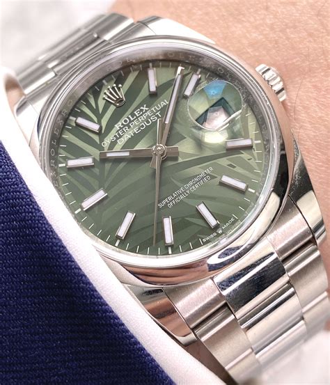 rolex datejust 36 green palm|Rolex 36mm Datejust with diamonds.